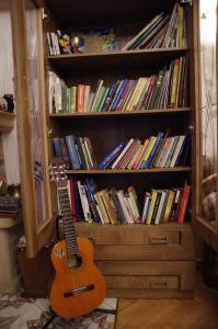 gitara siedząca przed półką na książki w obiekcie Willa Helena w Cisnej