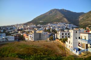 a view of a city with mountains in the background at AliBaba Apartment Hostel Bamboo Rooftop Room in Chefchaouen