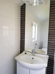 een witte badkamer met een wastafel en een spiegel bij De Bijsselse Enk, Noors chalet 4 in Nunspeet
