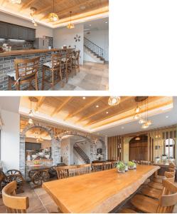 due immagini di una cucina e di una sala da pranzo di 86.88 B&B a Gongzhao