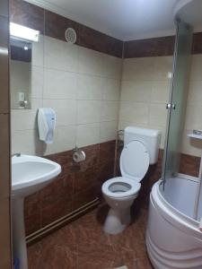 a bathroom with a toilet and a sink at Vila Tom Cris in Campina