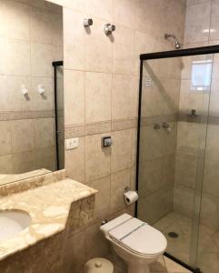 uma casa de banho com um chuveiro, um WC e um lavatório. em Villas Hotel em São Paulo
