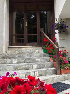 a set of stairs with flowers in front of a door at Il Balcone Delle Alpi in Sauze dʼOulx