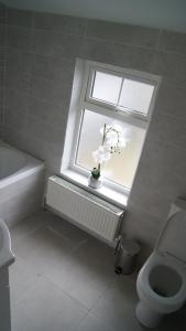 a bathroom with a toilet and a window with flowers at Belmullet Townhouse in Belmullet