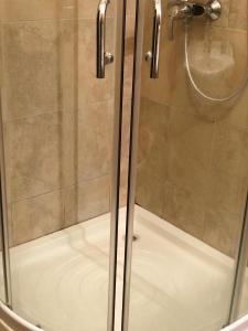 a shower with a glass door in a bathroom at Ski Terrace Heaven Partia Clabucet in Predeal