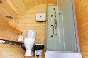 a bathroom with a mixer in a wooden room at Ezermala in Valdemārpils