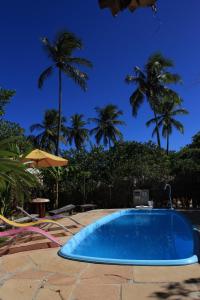 a blue swimming pool with palm trees in the background at Imbassaí Pousada Hostel Lujimba in Imbassai