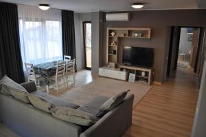 ein Wohnzimmer mit einem Sofa und einem TV in der Unterkunft Sleep & Fly Apartment in Otopeni