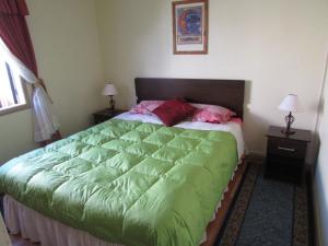 a bedroom with a bed with a green comforter at Cabaña la villa in Frutillar