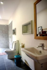 a bathroom with a sink and a toilet and a mirror at The Spice Trail in Arugam Bay