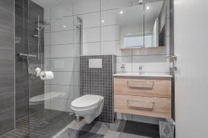 a bathroom with a toilet and a glass shower at Haus Dienten in Dienten am Hochkönig