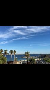 een uitzicht op een strand met palmbomen en de oceaan bij Bandol, vue panoramique sur la mer, la plage, le port in Bandol