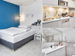 two pictures of a bedroom with a bed and a sink at H.ome Serviced Apartments München in Munich