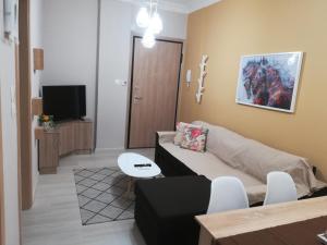 a living room with a couch and a tv at Central Apartment in Thessaloniki