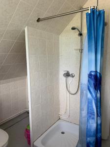 a shower with a blue shower curtain in a bathroom at Tooraku Turismitalu in Pusku