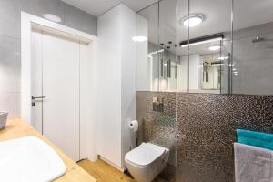 W łazience znajduje się toaleta, umywalka i lustro. w obiekcie Apartament Gardenia Sea&Sun DZIWNÓW PRZY PLAŻY w Dziwnowie +30 zdjęć