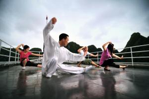 a group of people dancing on a boat at Emeraude Classic Cruises in Ha Long