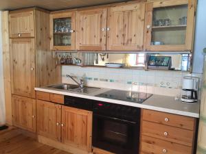 a kitchen with wooden cabinets and a sink and a stove at Ferienhaus Perwolff in Eisenberg an der Pinka