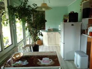 eine Küche mit einem Tisch und einem weißen Kühlschrank in der Unterkunft Gartenhaus in Berlin
