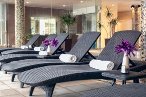 a row of chairs with purple flowers on them at Hotel Las Rocas in Mar del Plata