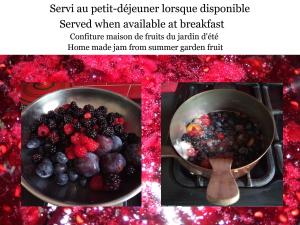 a collage of three pictures of berries in a pan at La Maison Du Marchand in Peyrat-le-Château