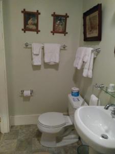 een badkamer met een toilet, een wastafel en handdoeken bij Couture Farm at Millstone Hill in Barre