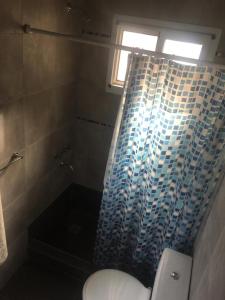 uma casa de banho com um chuveiro, um WC e uma janela. em Experiencia cultural rosarina em Rosário