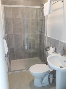 a bathroom with a shower and a toilet and a sink at The Benwiskin Centre in Ballaghnatrillick