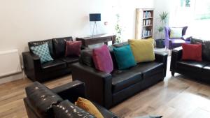 a living room with a leather couch with colorful pillows at The Benwiskin Centre in Ballaghnatrillick