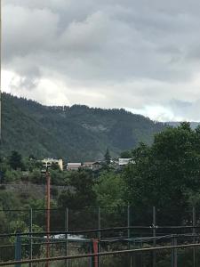 a view of a mountain with a fence and trees at LN'S APARTMENT in Borjomi