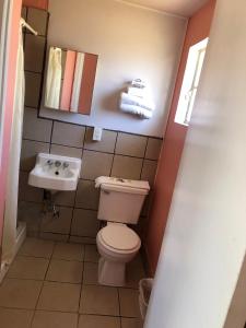 a small bathroom with a toilet and a sink at Payette Motel in Payette +4 photos