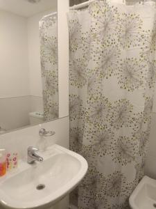 a bathroom with a sink and a shower curtain at Cono de Arita in Salta
