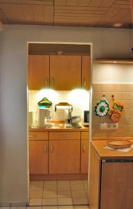 a kitchen with wooden cabinets and a counter top at Appartement Am Schulwald in Büsum