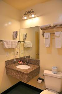 ein Badezimmer mit einem Waschbecken, einem WC und einem Spiegel in der Unterkunft Travelodge by Wyndham Pasadena Central in Pasadena