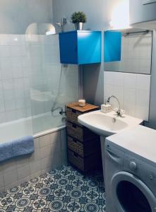 a bathroom with a sink and a washing machine at Studio Cosy avec Jardin in Roanne
