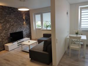 - un salon avec un canapé et une télévision dans l'établissement J&E NERIES Apartment, à Kaunas