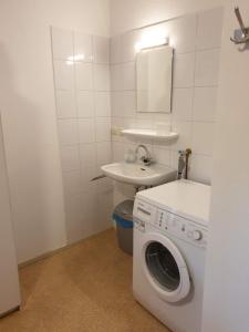 ein Badezimmer mit einer Waschmaschine und einem Waschbecken in der Unterkunft Vakantiebungalow Oase in Exloo