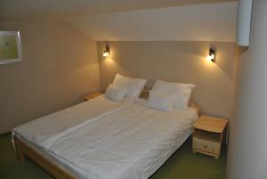 シャールヴァールにあるSárvárfürdő Apartmanházのベッドルーム1室(白いシーツと枕のベッド1台付)