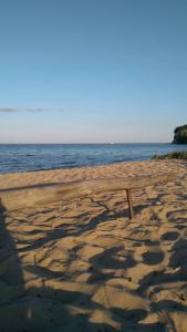 un banco de madera sentado en una playa cerca del agua en Гостевой таунхаус, en Demidov