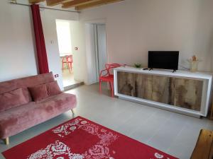 een woonkamer met een bank en een flatscreen-tv bij Giardino in laguna in Murano