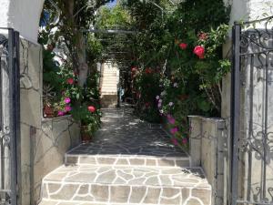 an entrance to a garden with flowers and a gate at Galini Pension in Ios Chora