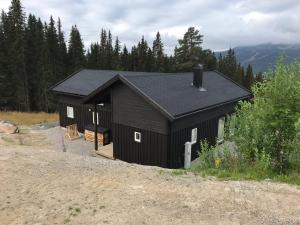 ein schwarzes Gebäude mit einem Dach auf einem Feld in der Unterkunft Lillebjørn in Trysil