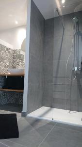 W łazience znajduje się prysznic i umywalka. w obiekcie Domaine de la Jarrige w mieście Saint-Vaury