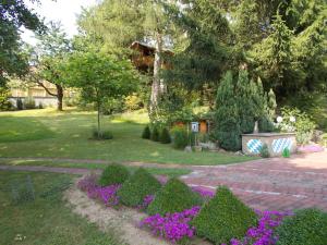 a garden with purple flowers in a yard at Baumhaus Wolfshöhle in Fischach