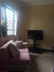 a living room with a pink couch and a flat screen tv at Jfour comfort zone hostel in Dar es Salaam