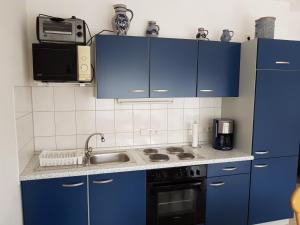 eine Küche mit blauen Schränken, einer Spüle und einer Mikrowelle in der Unterkunft Ferienwohnung keine Monteurvermietung Nähe Heidelberg Hockenheim BDS Anlage in Philippsburg