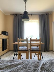ein Schlafzimmer mit einem Tisch, 2 Stühlen und einem Fenster in der Unterkunft Gaujas apartaments in Līgatne