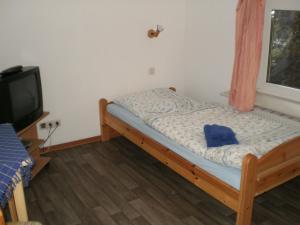 1 dormitorio pequeño con 1 cama y TV en Herzberg en Kleve