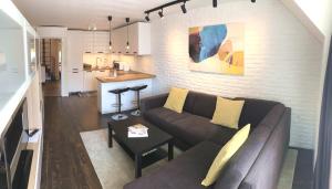 uma sala de estar com um sofá e uma cozinha em Unique Luxurious Jacuzzi PENTHOUSE DUPLEX in City Center! 2 BATHS! FREE PARKING! em Sófia