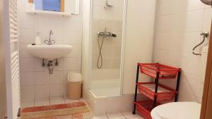 ブクにあるIngrid Panzióのバスルーム(シャワー、洗面台、トイレ付)